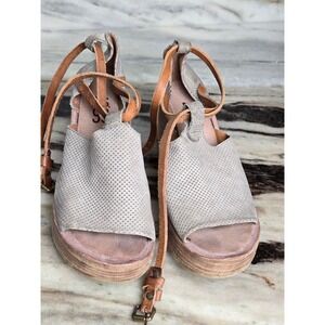 AS98 Grey Perforated Leather Platform Wedge Sandals Tan Wrap Ankle Strap 40